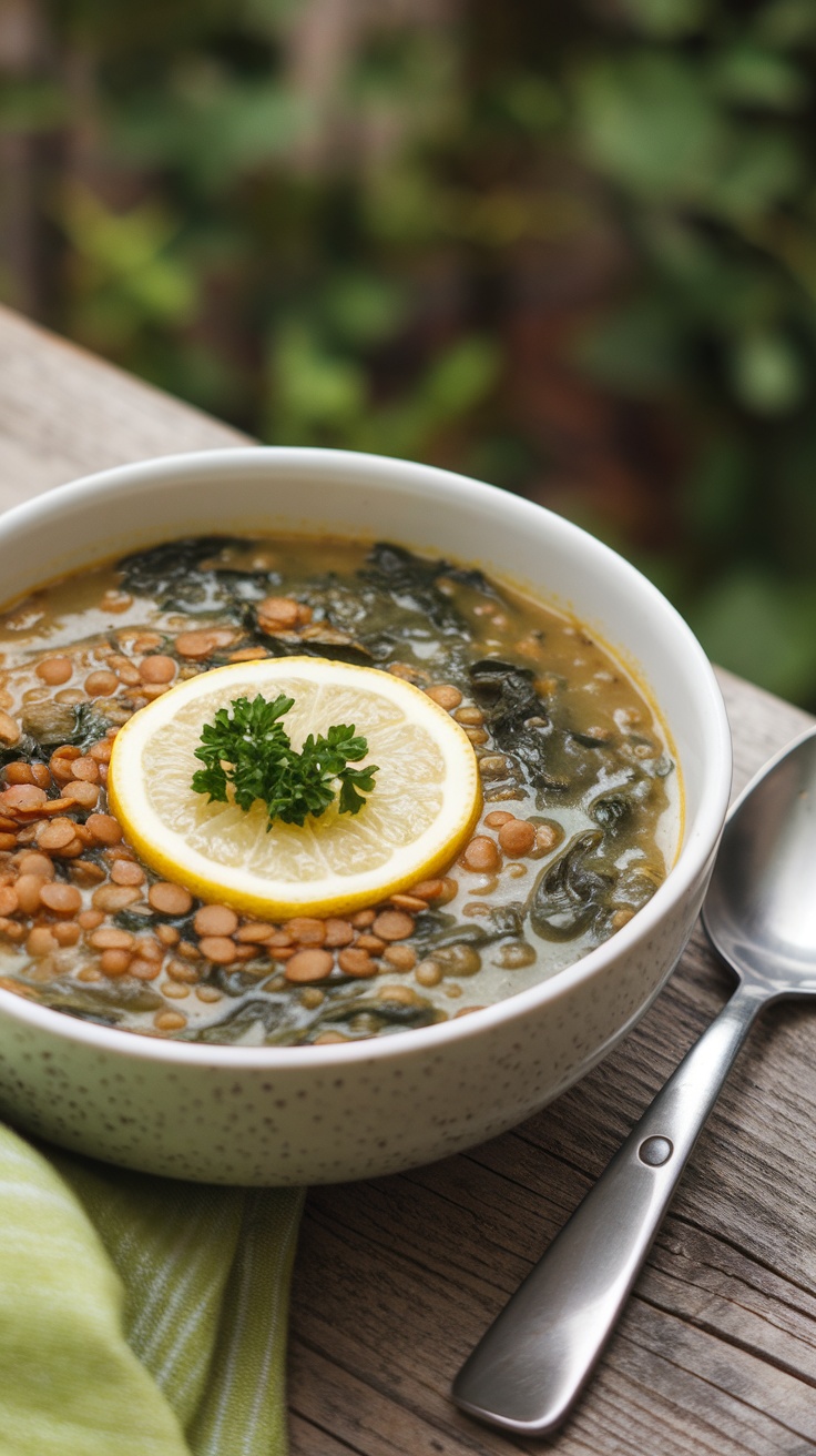 Bowl of lentil and spinach soup with lemon slice on top