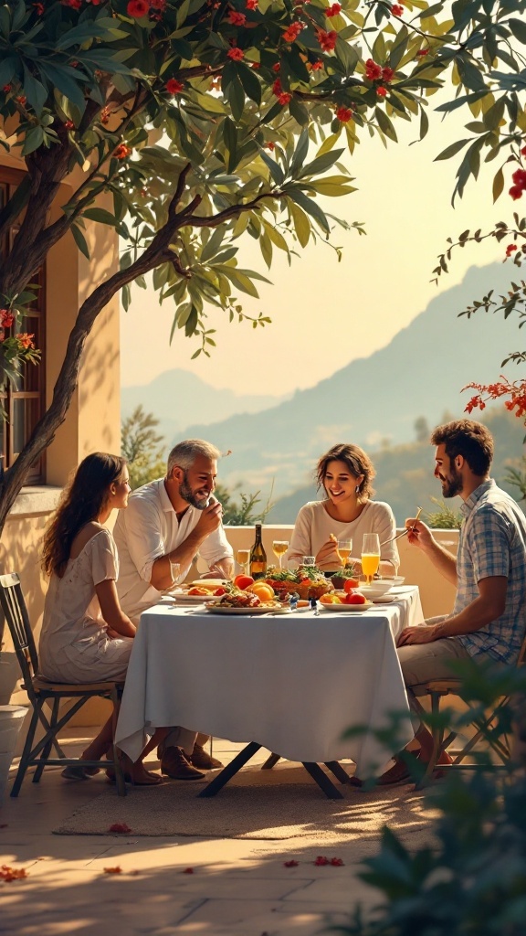 Group of friends enjoying a Mediterranean meal outdoors, surrounded by nature and laughter.
