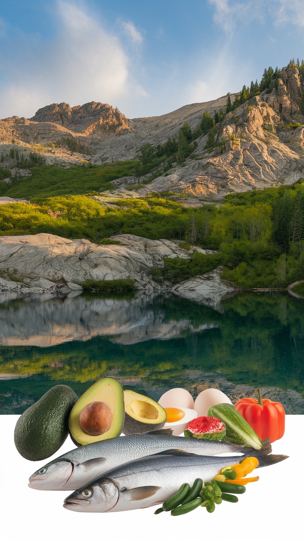 A selection of fresh ingredients suitable for a keto diet, including fish, avocado, eggs, and colorful vegetables, set against a scenic natural backdrop.
