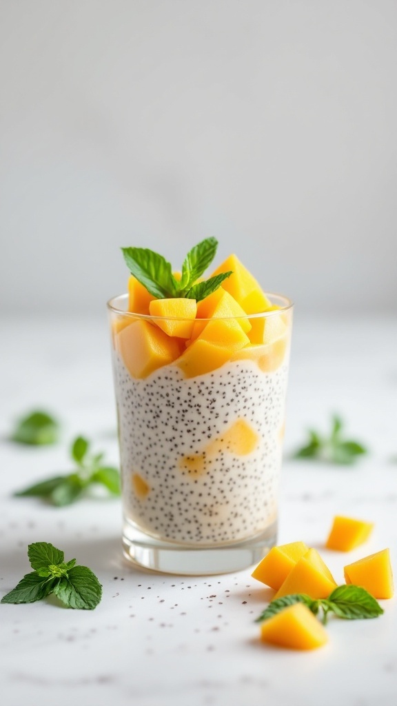 A glass of mango chia seed pudding topped with fresh mango cubes and mint