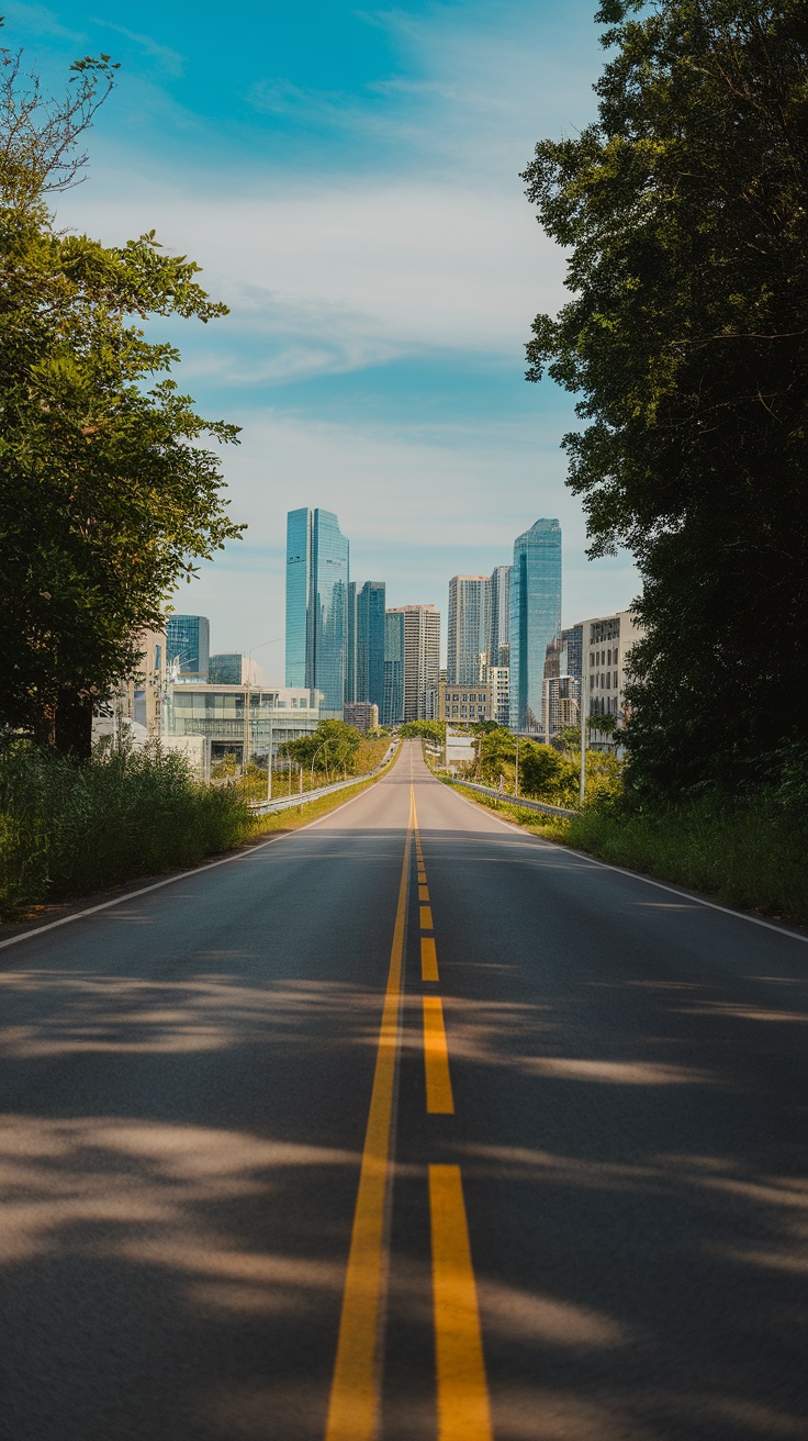 A long road leading towards a city skyline under a clear blue sky, symbolizing the journey towards financial opportunities.