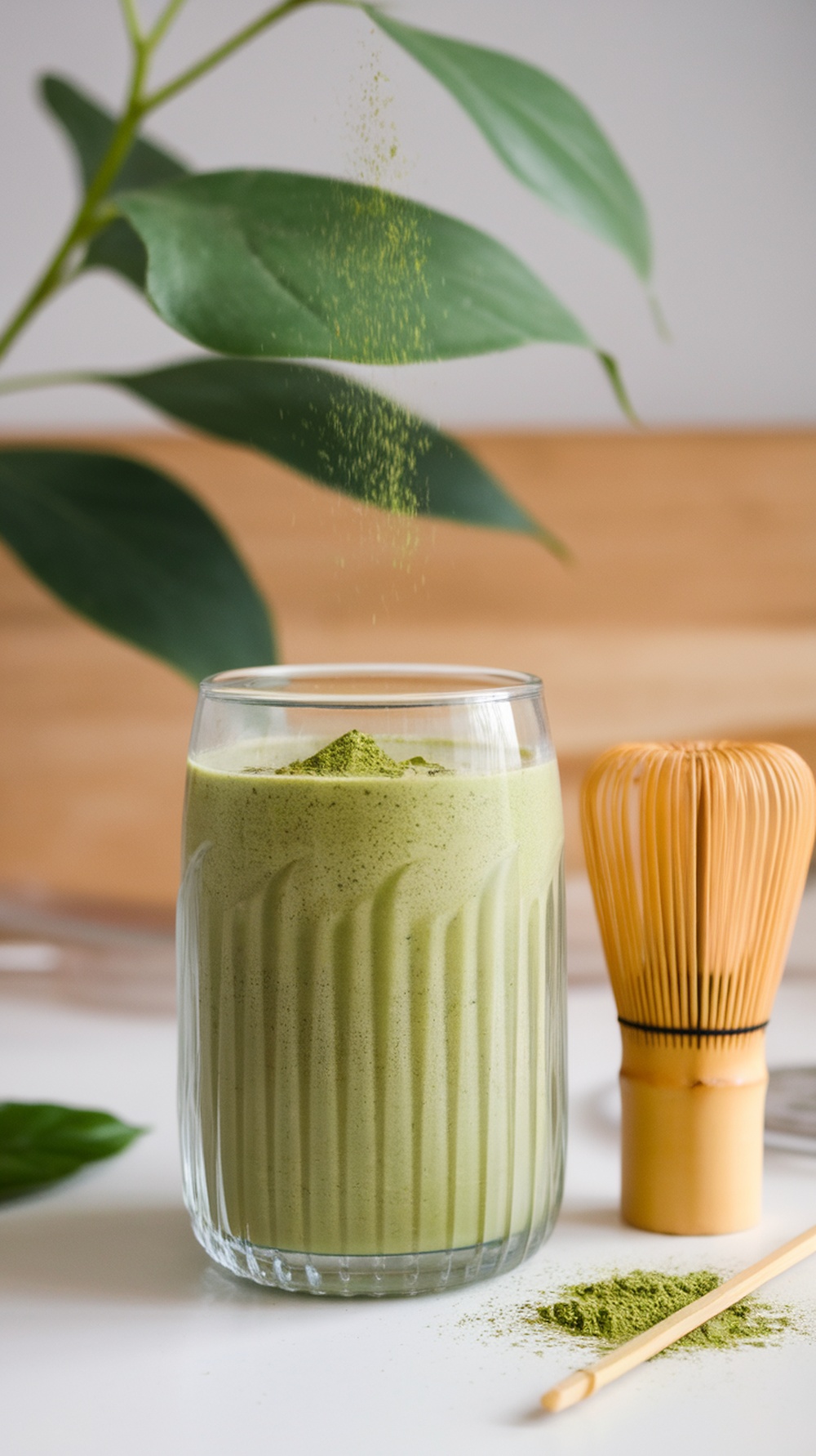 A glass of matcha green tea smoothie with a bamboo whisk and matcha powder beside it.
