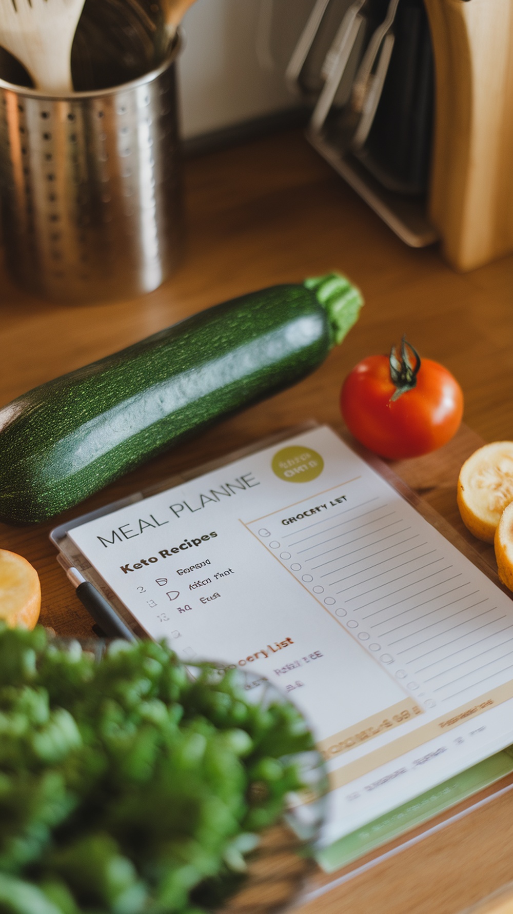 A meal planner with fresh vegetables and a grocery list for keto recipes.