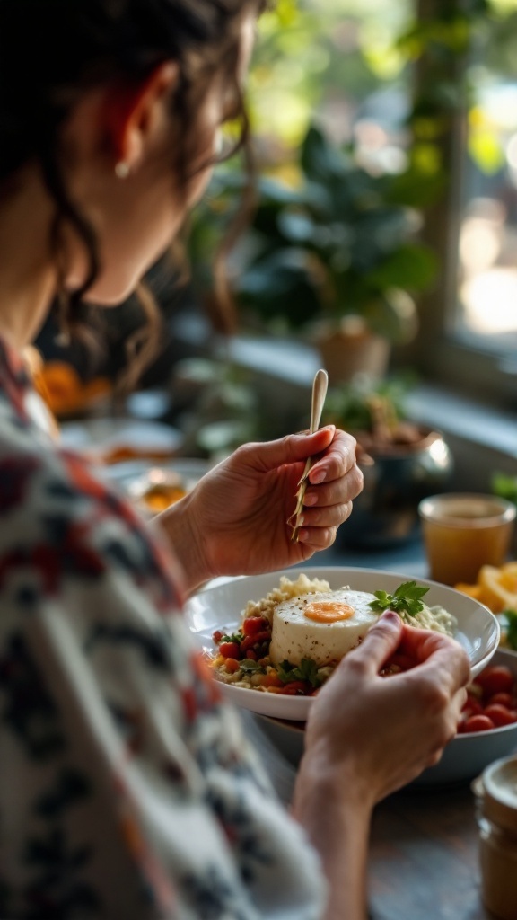 A person preparing a meal in a lush, plant-filled setting, focusing on mindfulness and relaxation.