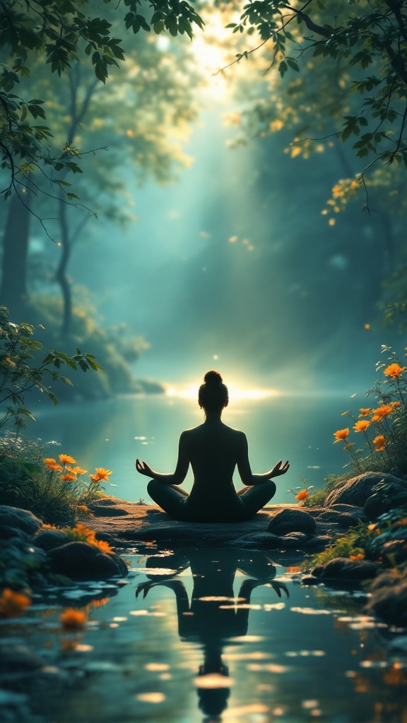 A person meditating by a serene body of water, surrounded by trees and flowers, with sunlight filtering through.