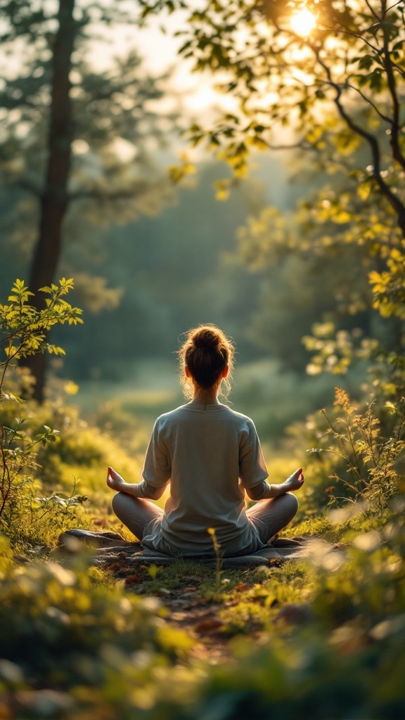 A person practicing meditation in a serene, sunlit forest setting