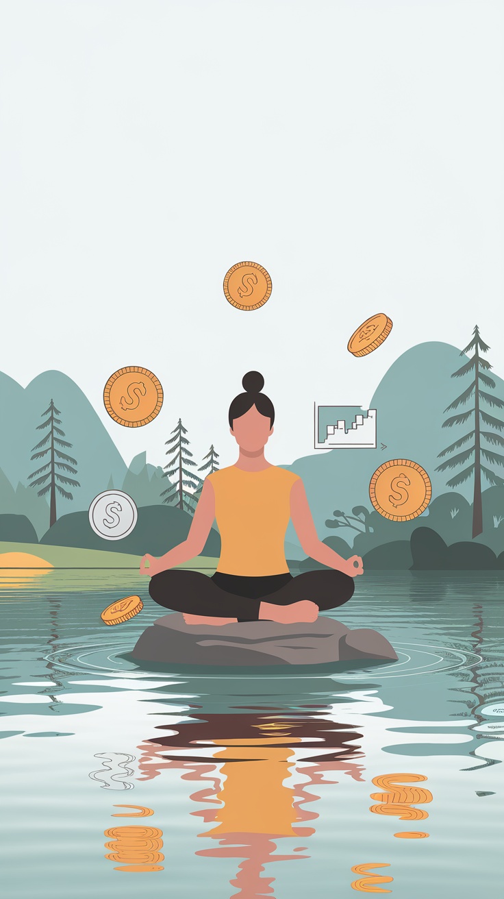 A person meditating on a rock in a calm body of water, surrounded by floating coins and a financial growth graph.