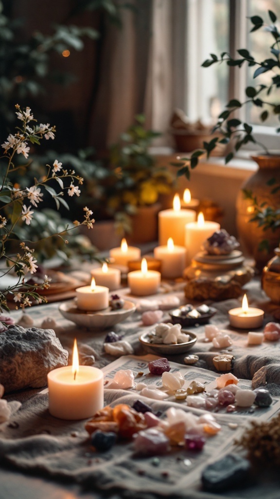 Meditation setup for attracting financial abundance with candles and crystals.