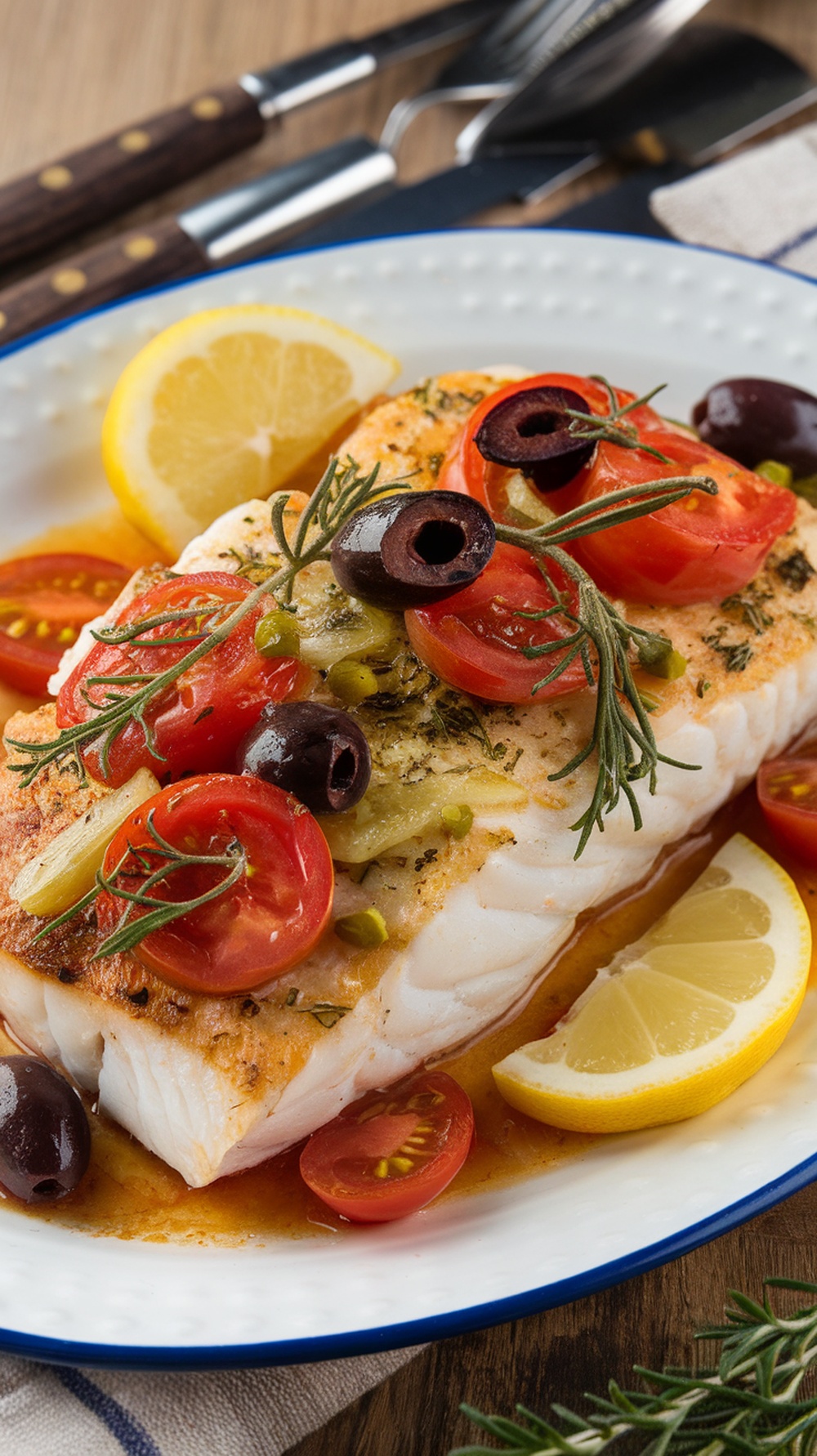 Baked cod fillet topped with tomatoes, olives, and lemon slices on a plate.