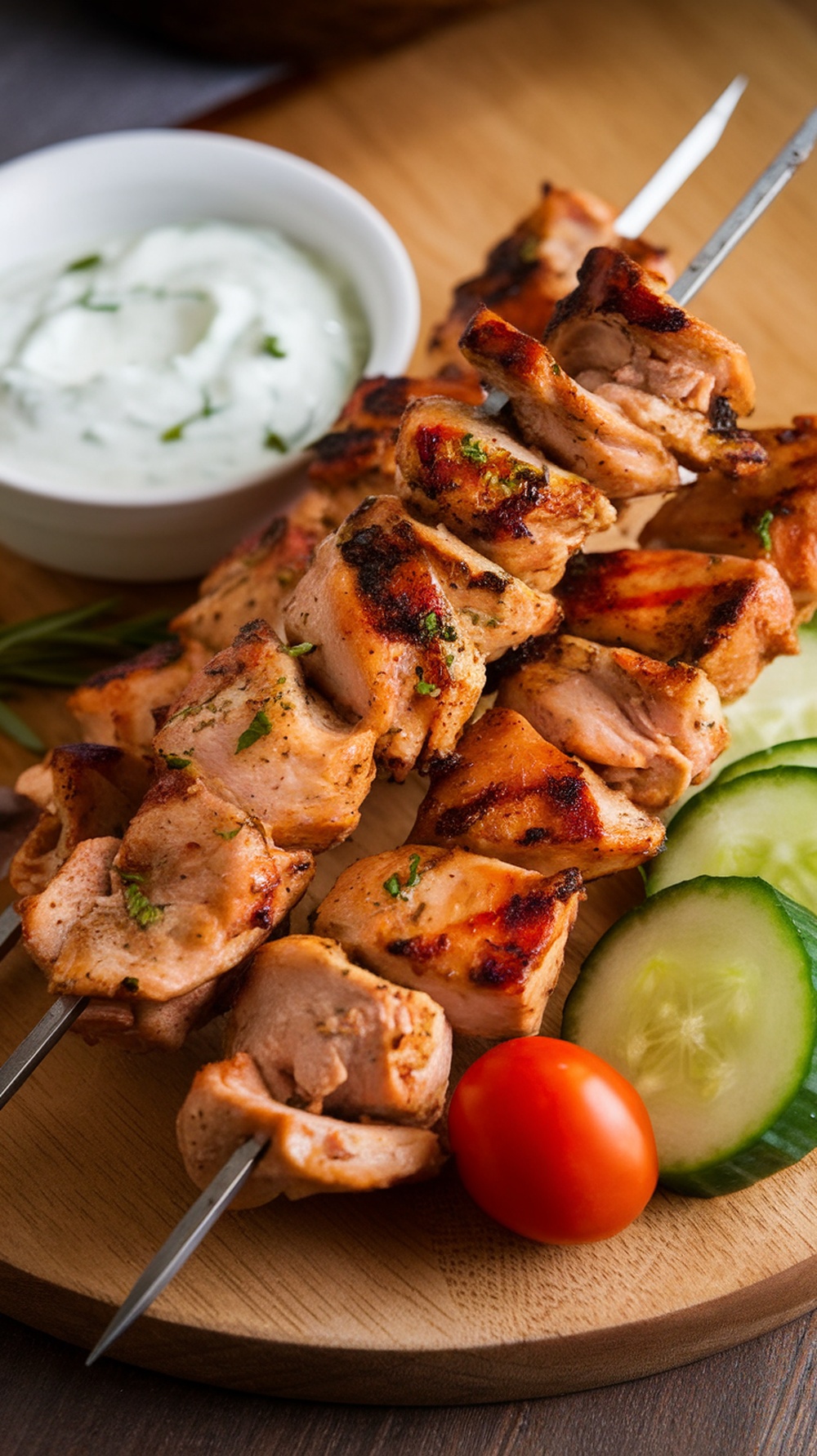Grilled Mediterranean chicken skewers served with cucumber slices and a creamy dipping sauce.