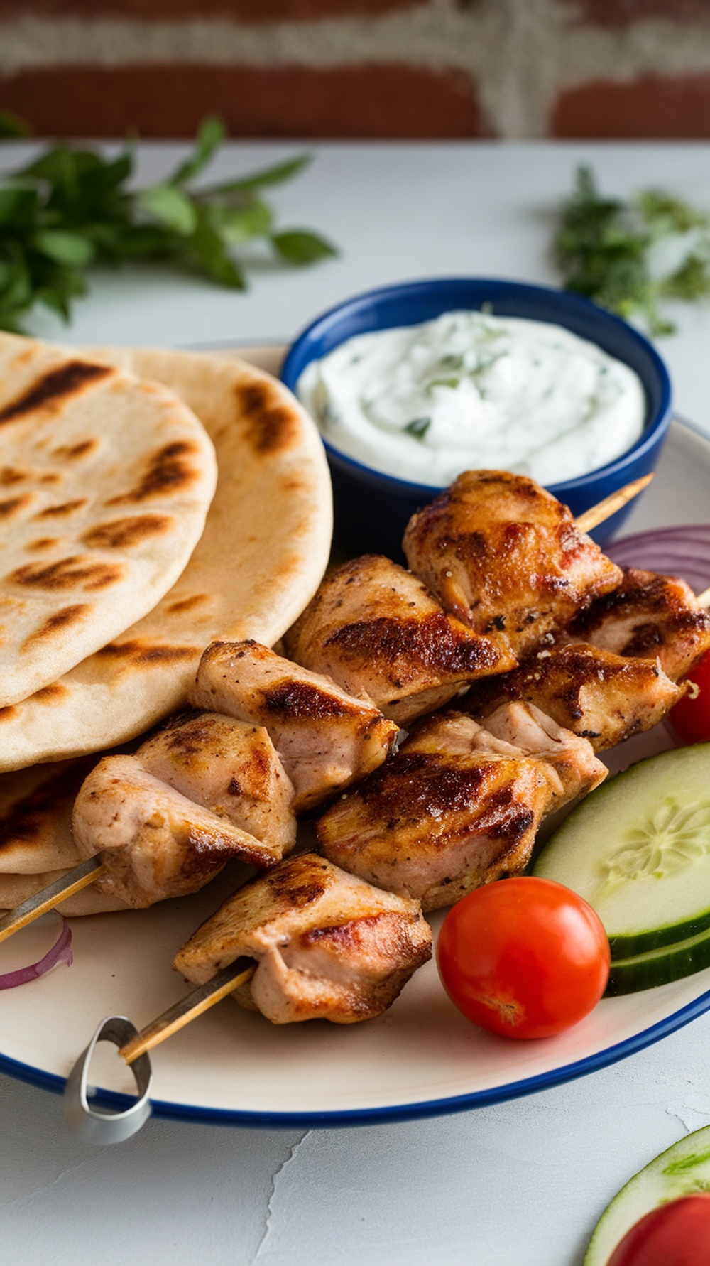 Grilled chicken souvlaki skewers served with pita bread, tzatziki sauce, and fresh vegetables.
