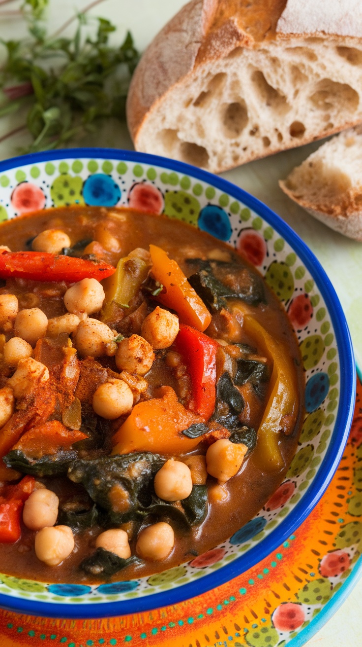 A bowl of colorful Mediterranean chickpea stew with bread on the side.