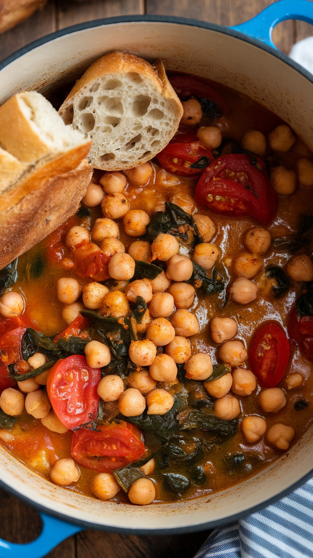A delicious Mediterranean Chickpea Stew with chickpeas, spinach, and tomatoes, served with crusty bread.