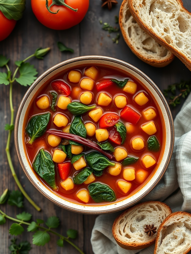 A bowl of Mediterranean Chickpea Stew with spinach, tomatoes, and bell peppers, surrounded by fresh tomatoes and slices of bread.
