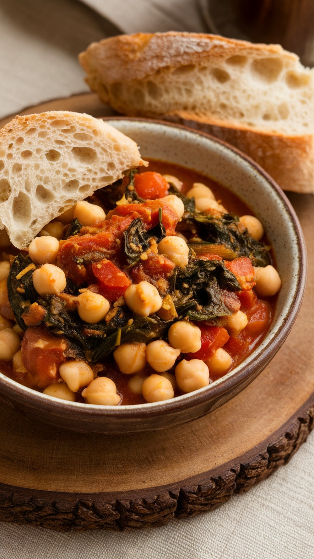 A bowl of Mediterranean Chickpea Stew with Spinach, served with a slice of bread.