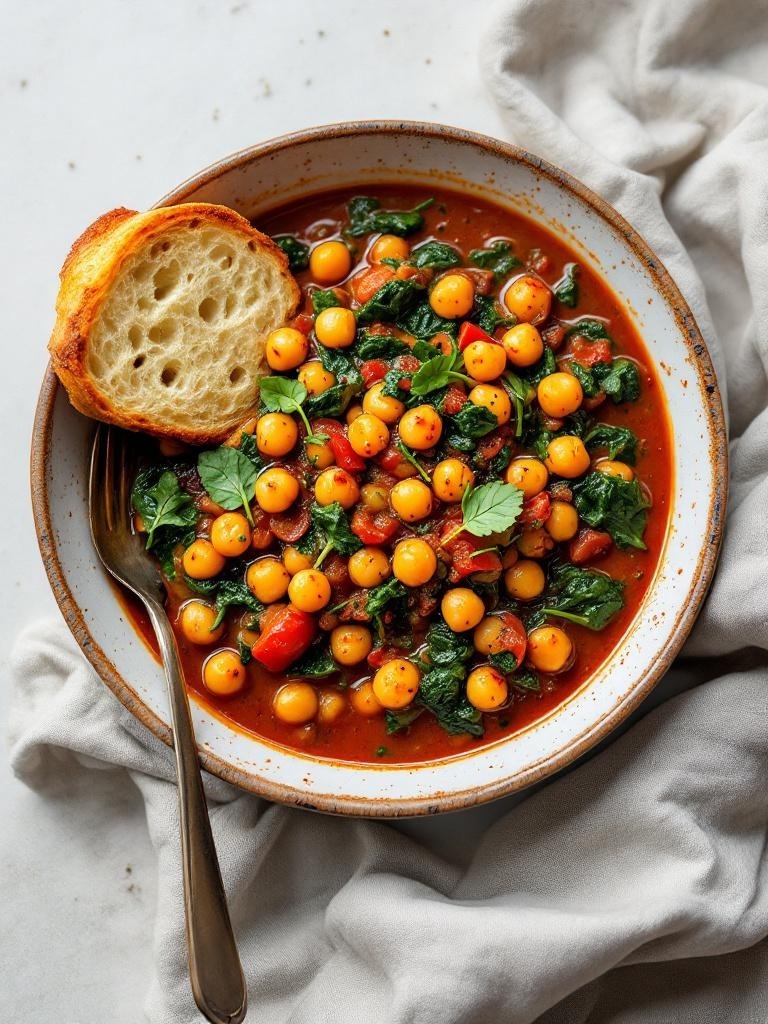 A bowl of Mediterranean Chickpea Stew with Spinach, served with a slice of bread.