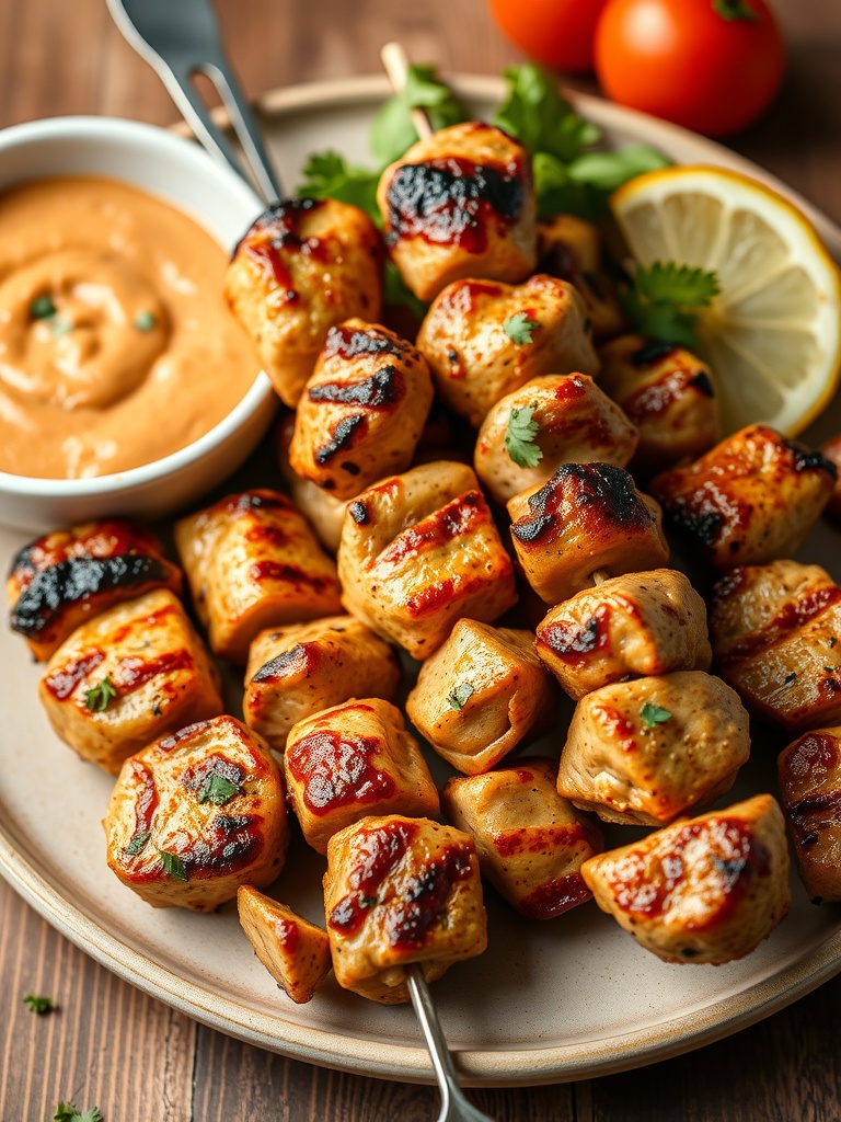 Grilled chicken skewers served with a creamy dipping sauce and garnished with herbs and lemon.
