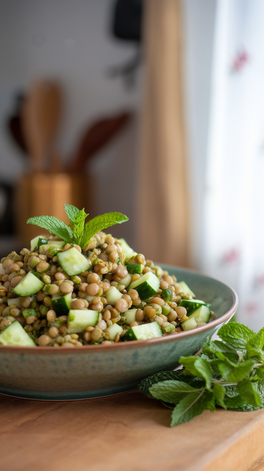 A vibrant Mediterranean lentil salad with cucumber and mint, served in a bowl.