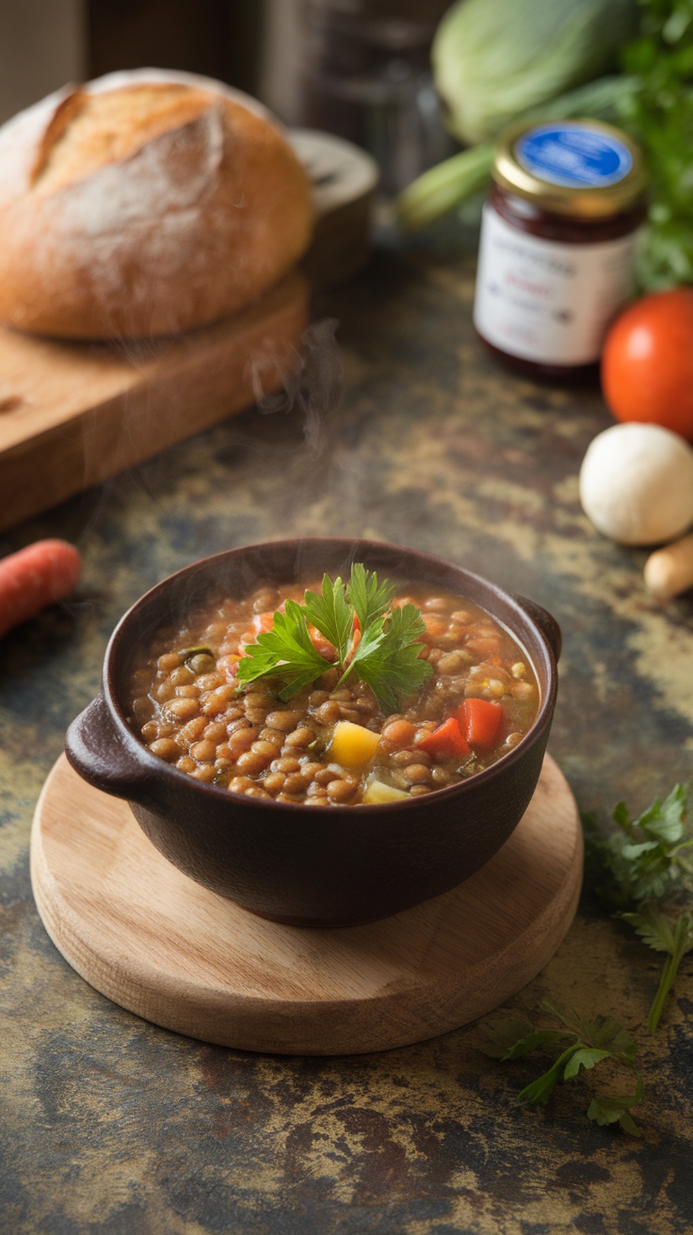 A bowl of steaming Mediterranean lentil soup garnished with parsley, with rustic bread and fresh vegetables in the background.
