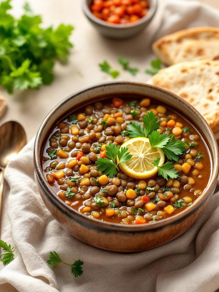 A bowl of Mediterranean lentil soup garnished with lemon slices and parsley.