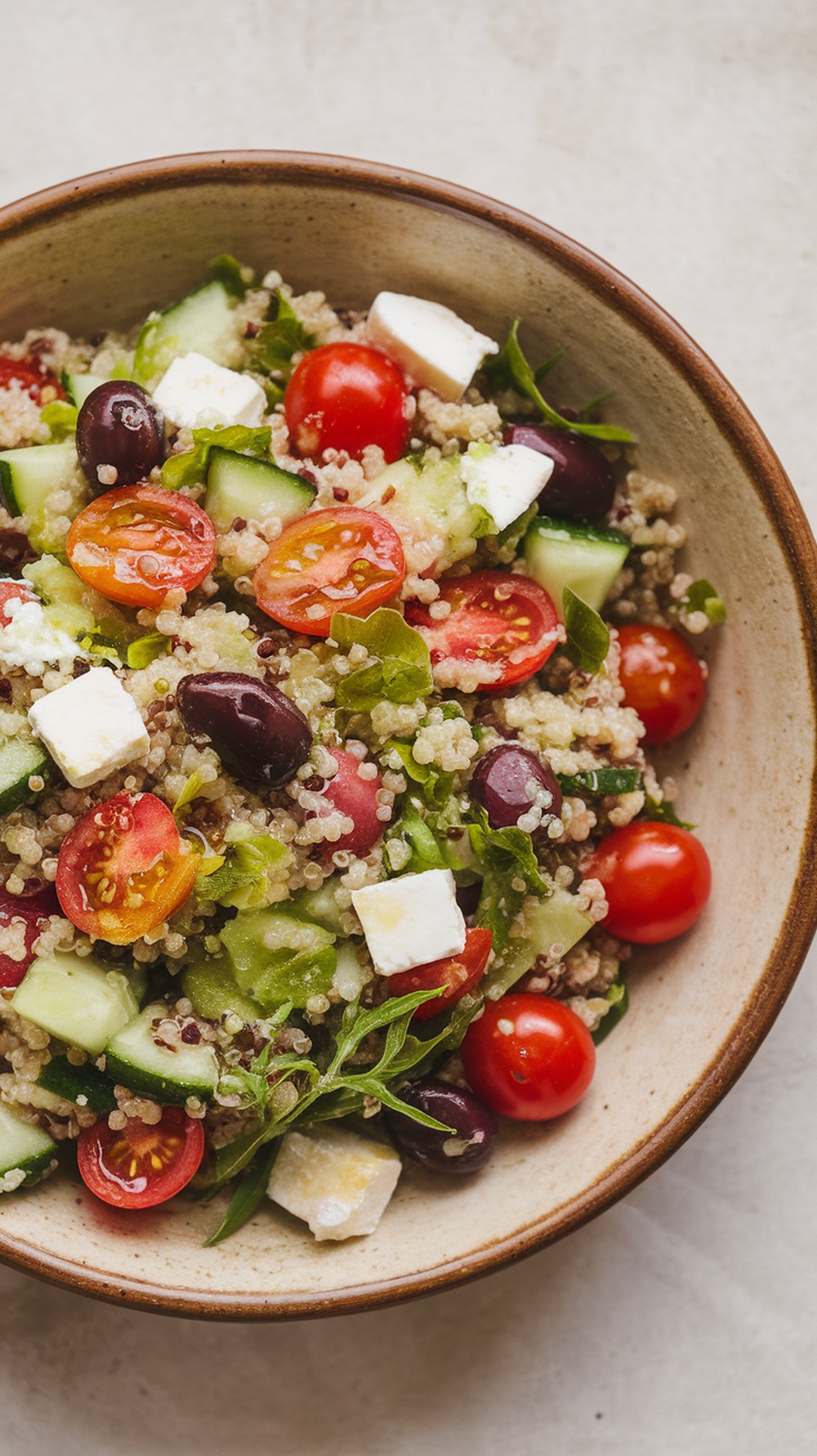 A bowl of Mediterranean Quinoa Salad with colorful ingredients like cherry tomatoes, cucumbers, feta cheese, and olives.
