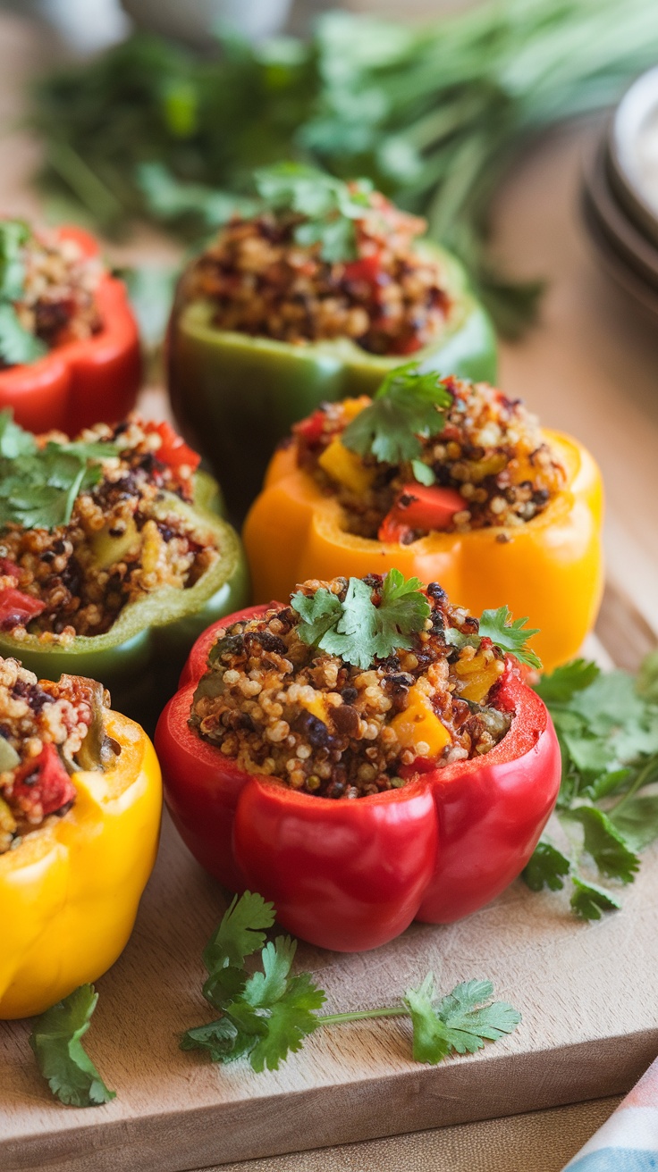 Colorful stuffed bell peppers filled with quinoa and vegetables