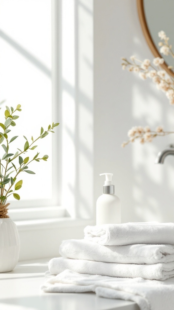 A clean and serene bathroom space featuring soft towels, a cleanser, and natural decor.