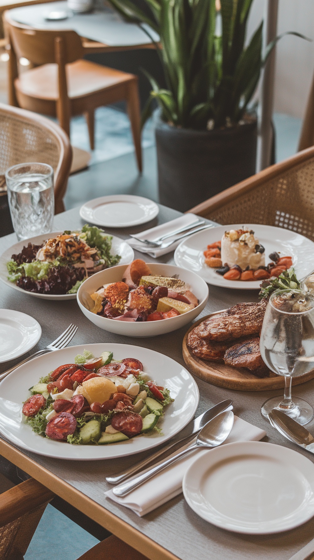 A table set with various keto-friendly dishes including salads and grilled meats.