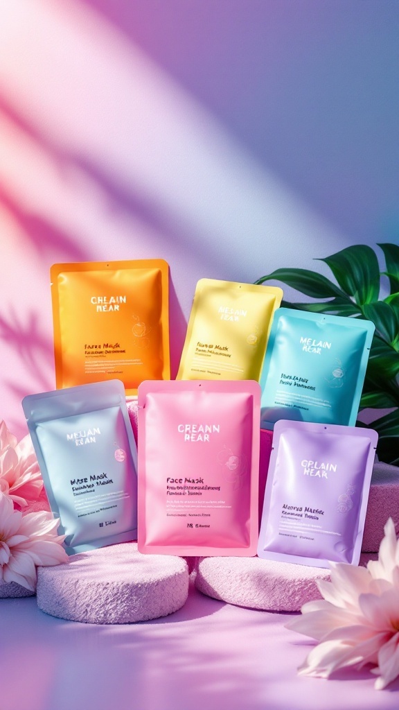 A colorful display of various face mask packets arranged with flowers and soft pastel backgrounds.