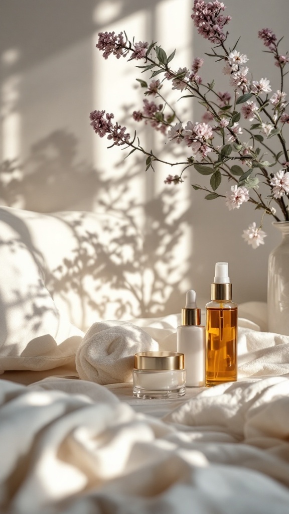 Skincare products arranged on a soft bed with flowers in the background, creating a serene atmosphere.