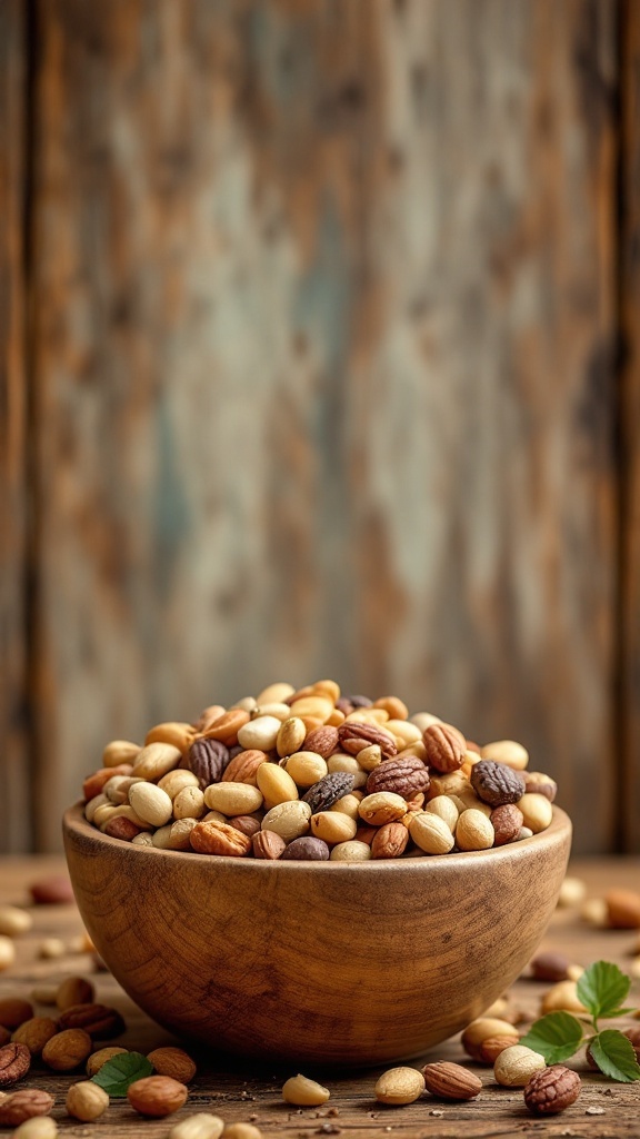 A wooden bowl filled with a variety of nuts, including almonds, peanuts, and hazelnuts, with some scattered around it.
