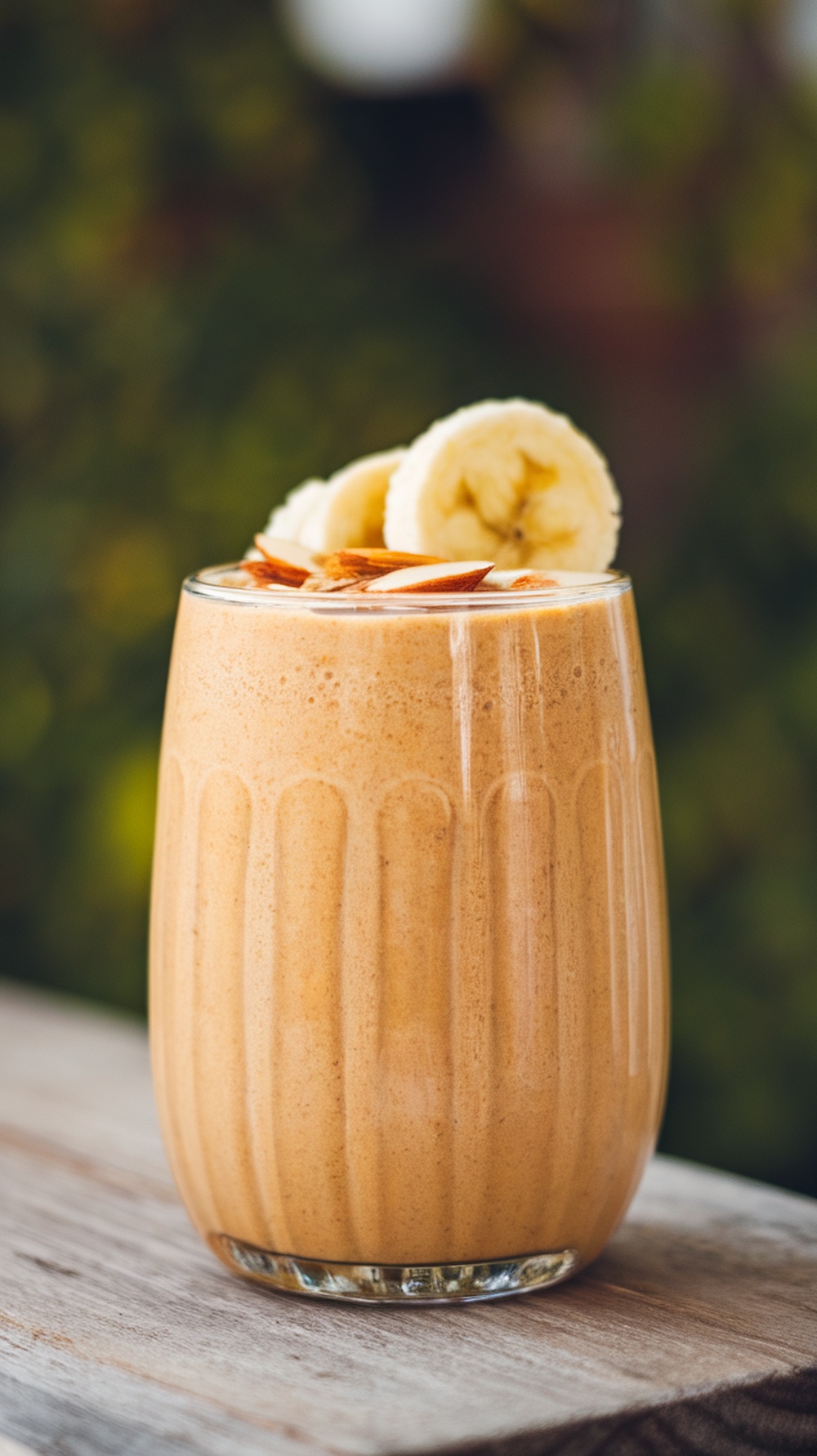 A delicious Nutty Almond Butter Banana Smoothie in a glass, topped with banana slices and almonds.