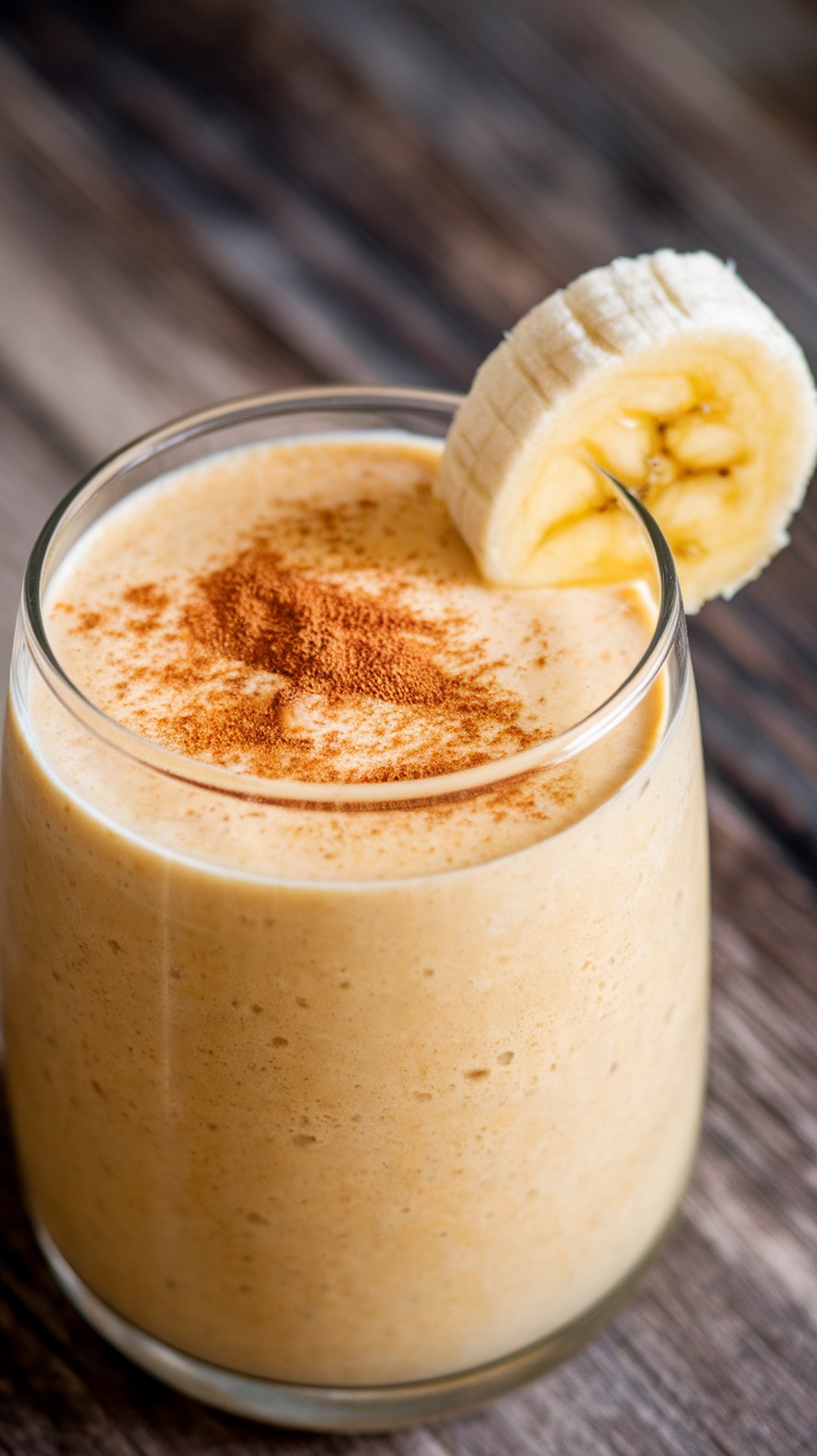 A creamy nutty banana oat smoothie topped with cinnamon and a slice of banana.