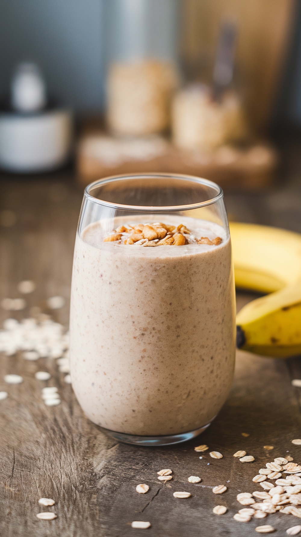 A glass of Nutty Oatmeal Breakfast Smoothie with oats and bananas in the background.