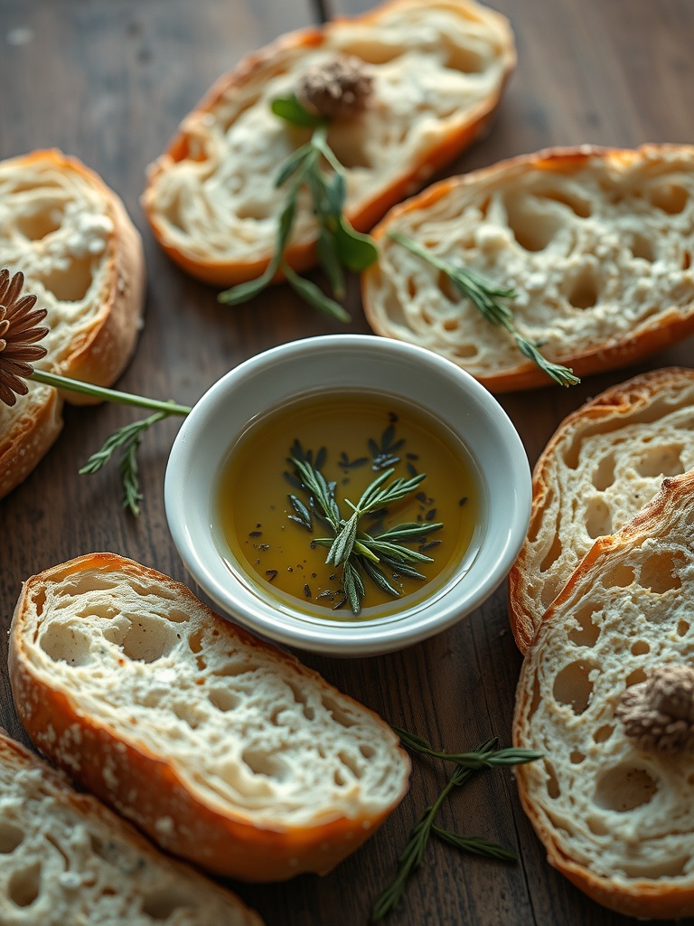 A bowl of olive oil with herbs surrounded by slices of bread on a wooden table.