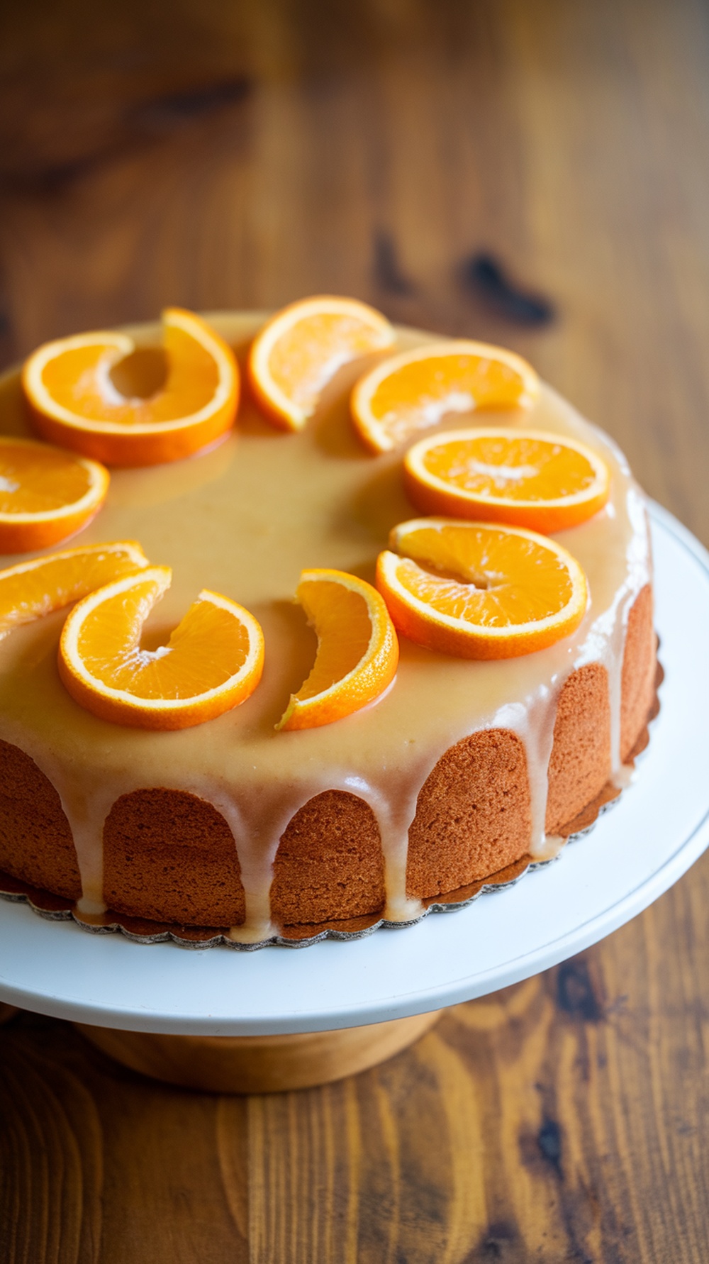 Olive oil cake topped with citrus glaze and orange slices