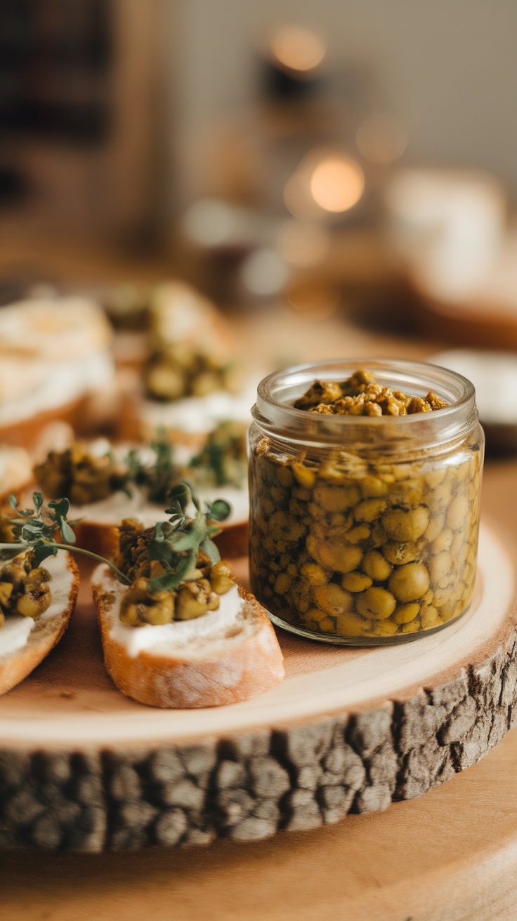 A jar of olive tapenade next to crispy crostini topped with olive spread and fresh herbs.