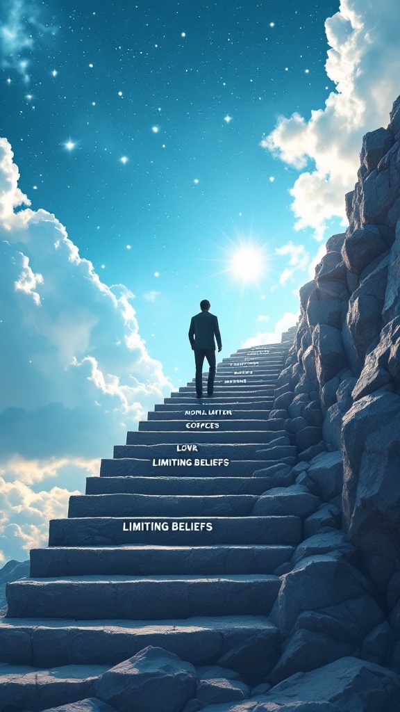 A person stands at the bottom of a staircase leading to a bright sky, with steps labeled 'Limiting Beliefs' and 'Love.'