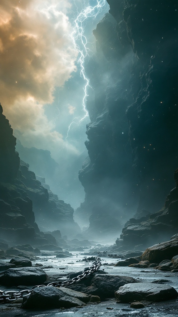 A dramatic canyon scene with lightning and clouds representing overcoming beliefs.