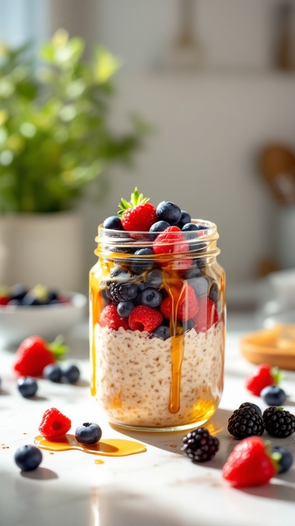 A jar of overnight oats topped with fresh berries and honey, with more berries around it on a table