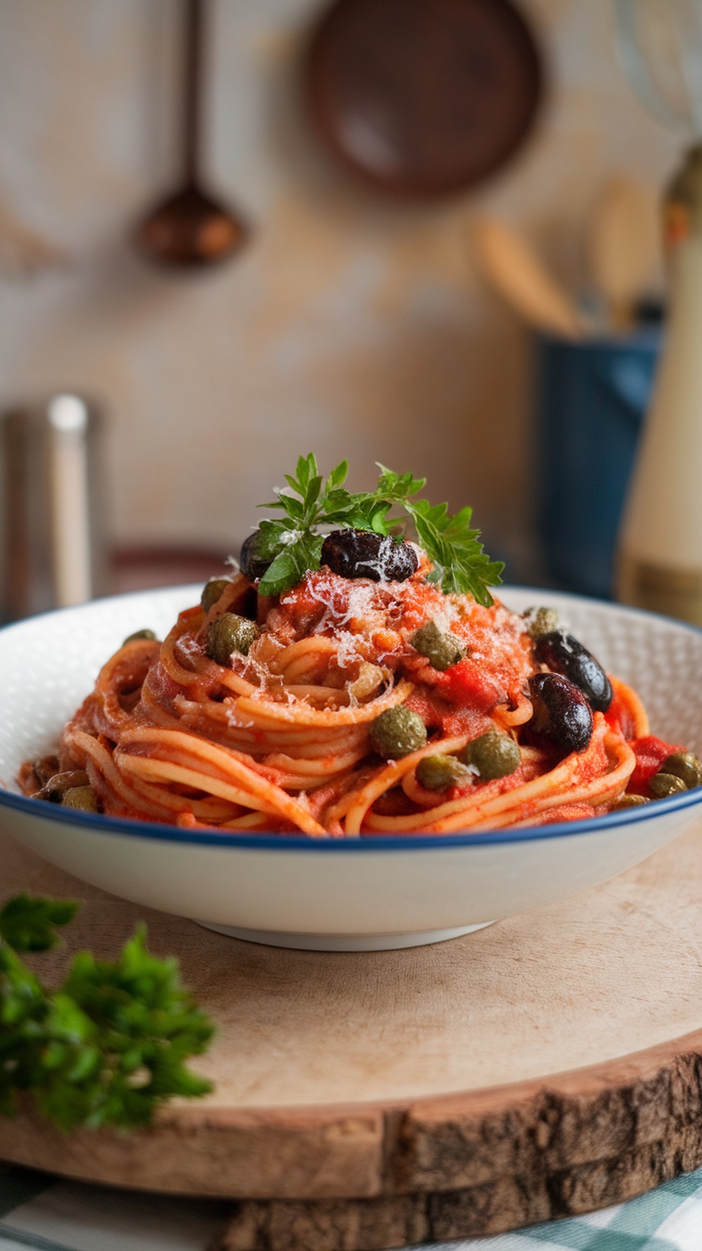 A bowl of Pasta Puttanesca topped with capers, anchovies, and olives, garnished with parsley.
