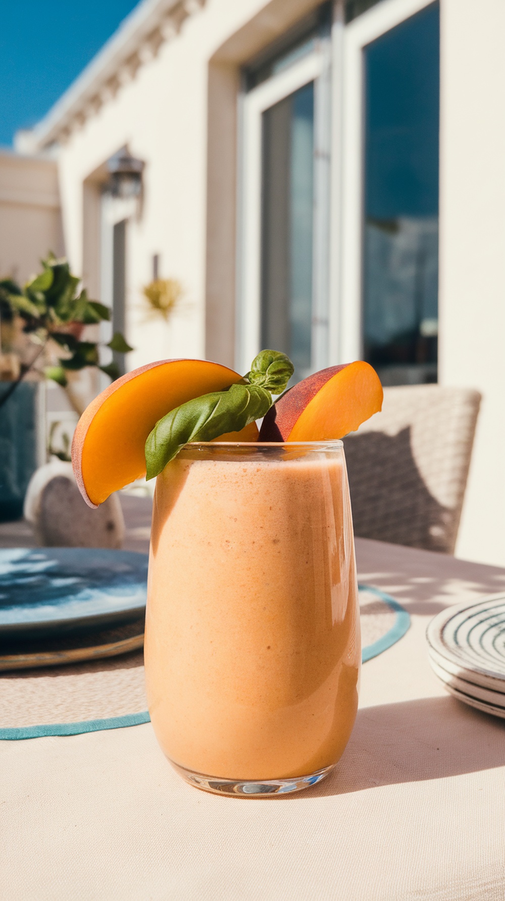 A refreshing peach basil smoothie garnished with peach slices and basil leaves.