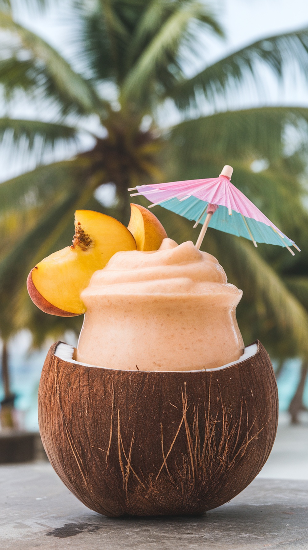 A delicious peach coconut smoothie served in a coconut shell with a mini umbrella and peach slices.
