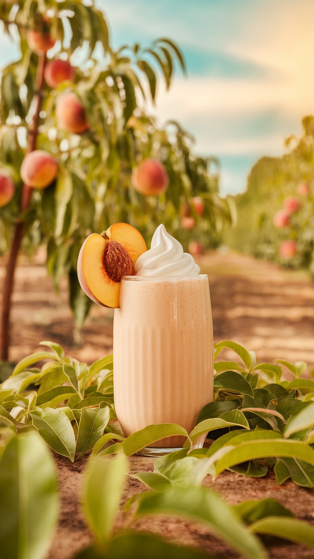 A peach yogurt smoothie in a glass, topped with whipped cream and a peach slice, set against peach trees.