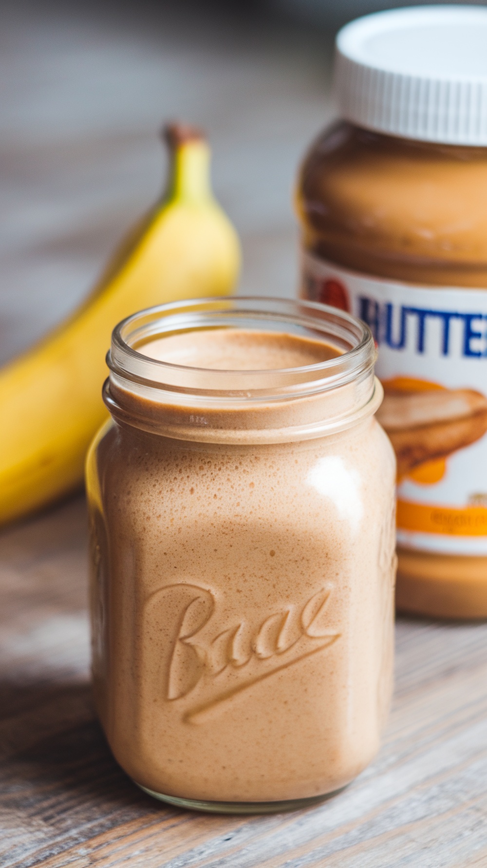 A jar of peanut butter banana smoothie with a banana and a jar of peanut butter in the background.