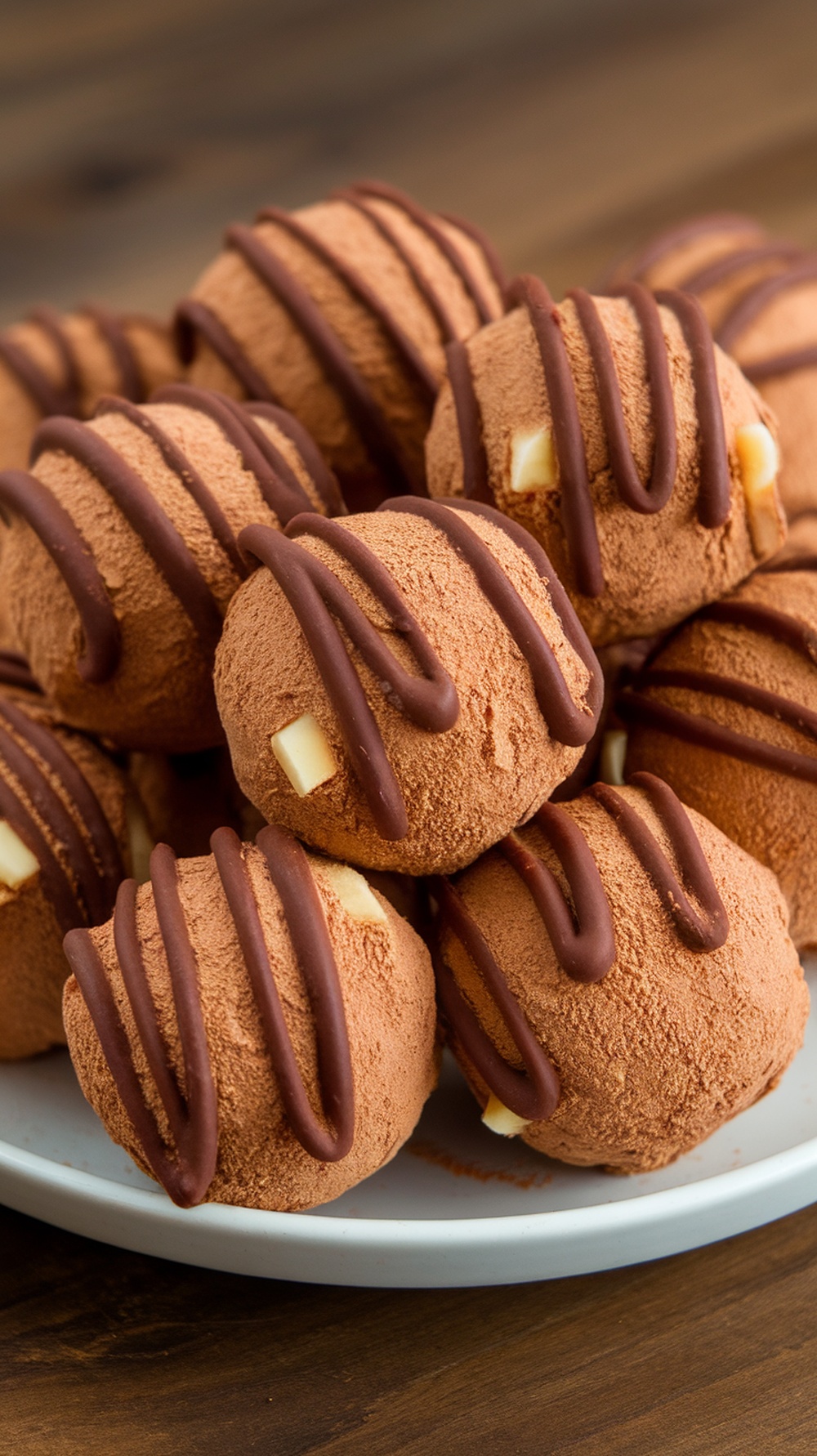A plate of peanut butter fat bombs drizzled with chocolate.