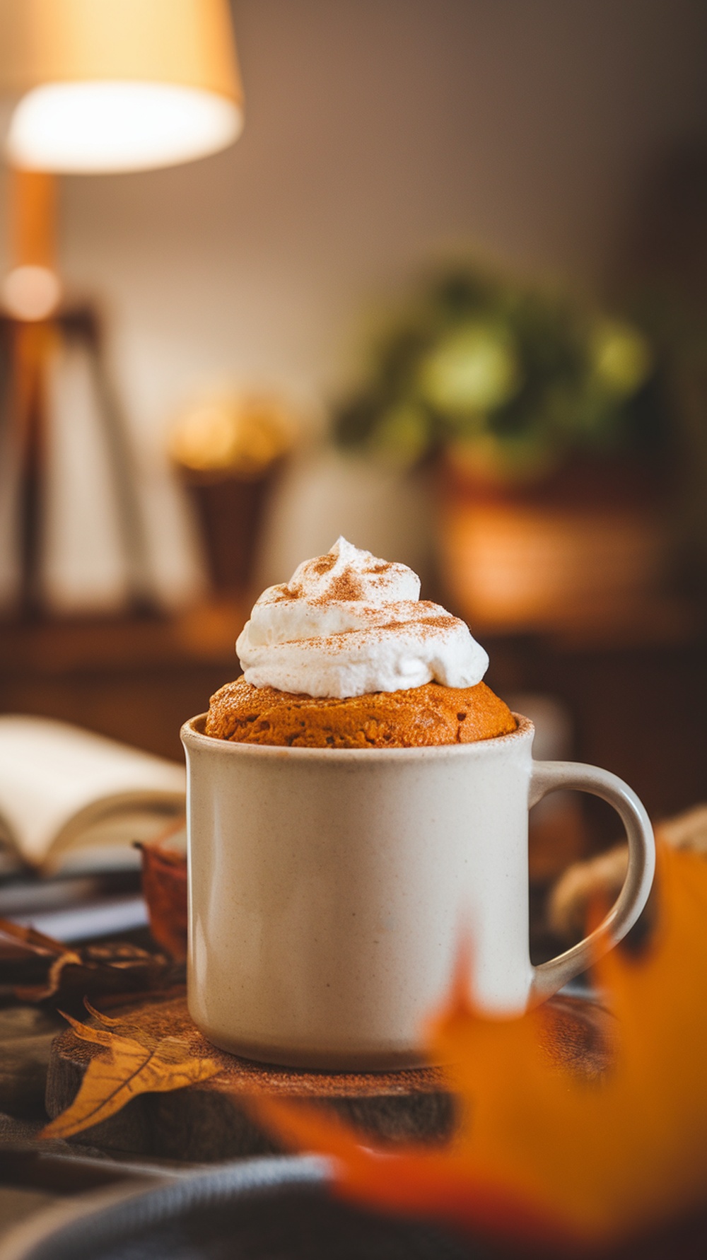 A cozy pumpkin spice mug cake topped with whipped cream and cinnamon, served in a white mug.