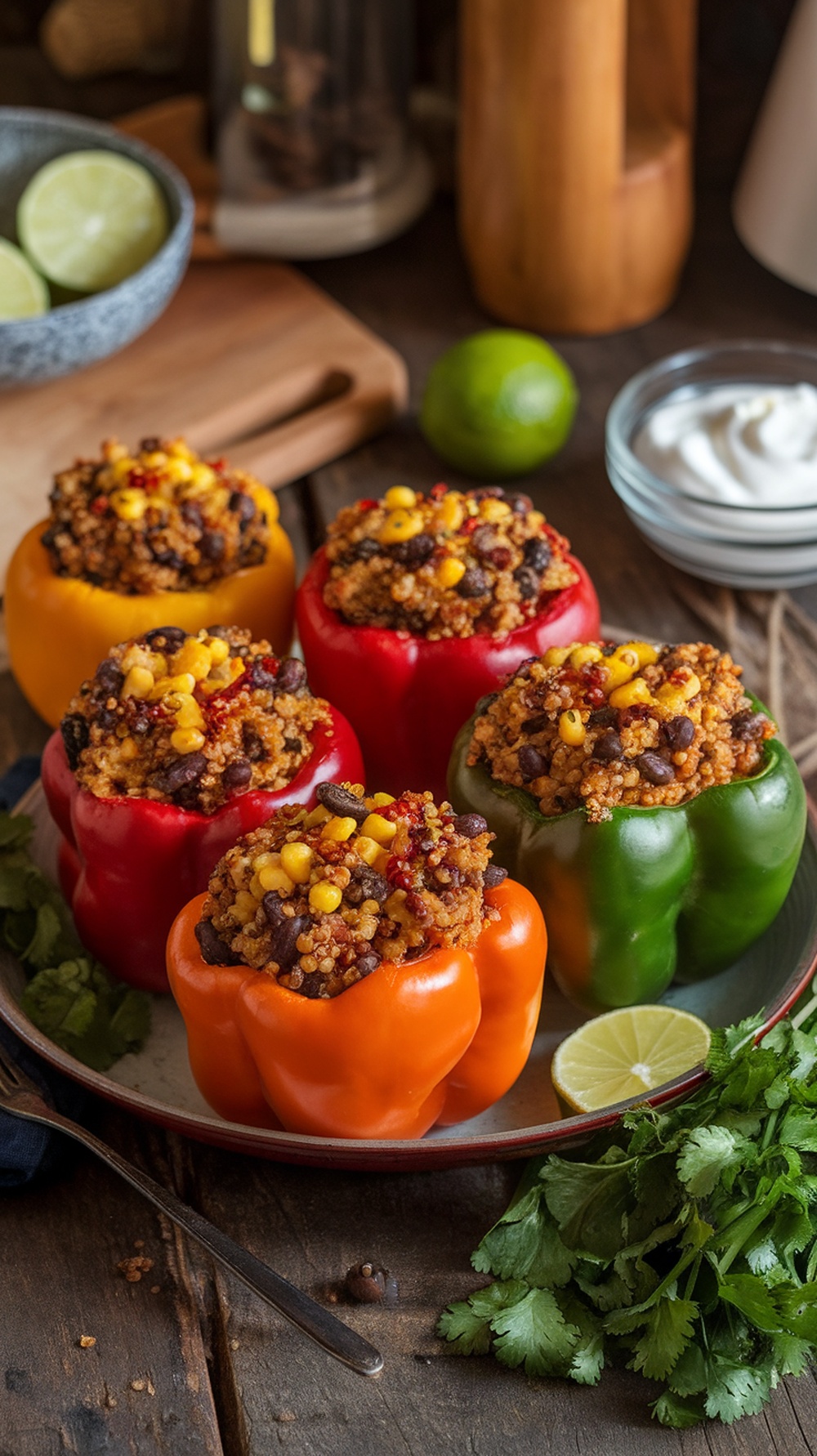 Colorful quinoa-stuffed bell peppers on a plate, garnished with cilantro and lime.