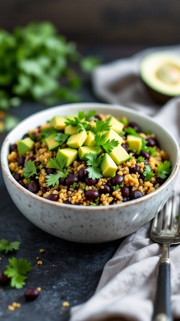 A bowl of quinoa and black bean salad topped with avocado and cilantro.