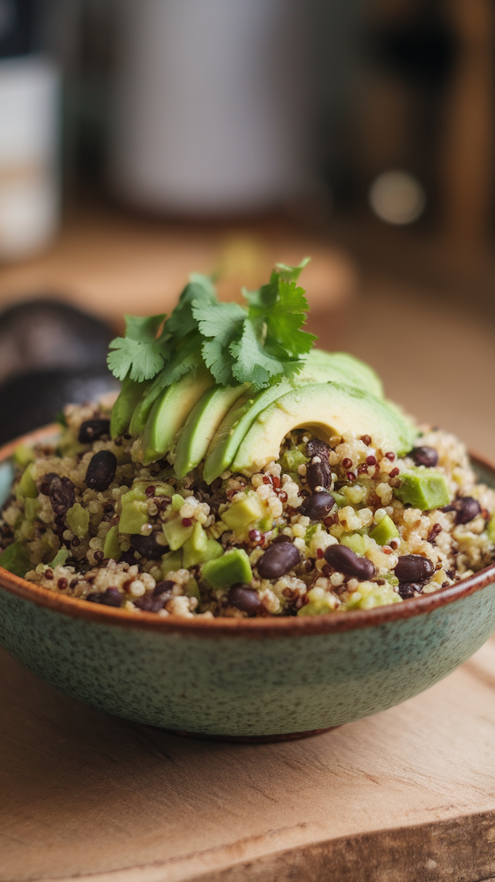 A bowl of quinoa and black bean salad topped with avocado slices and cilantro.
